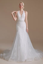 Robe de mariée sirène longue élégante en tulle dos nu avec appliques de dentelle