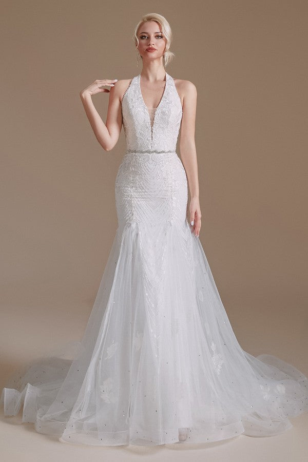 Robe de mariée sirène longue élégante en tulle dos nu avec appliques de dentelle