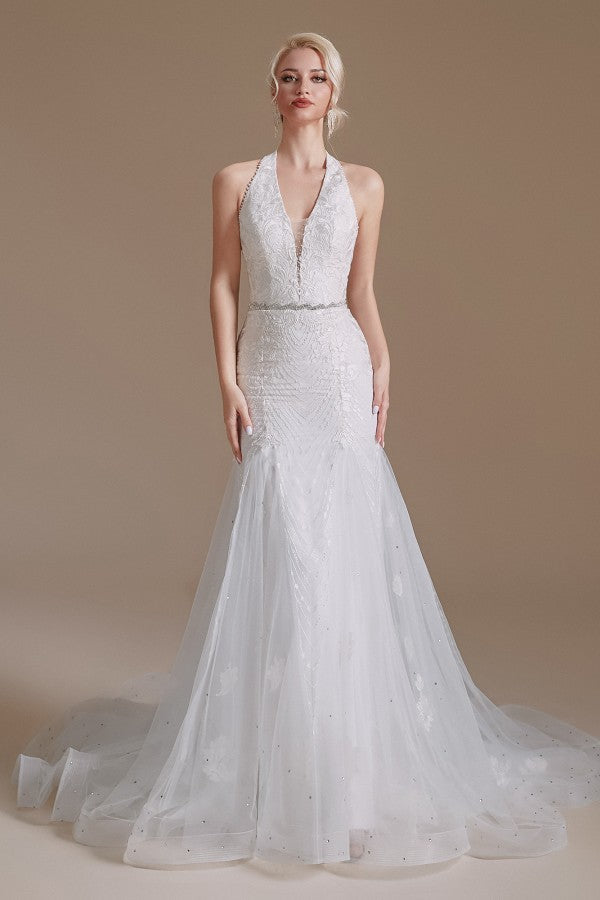 Robe de mariée sirène longue élégante en tulle dos nu avec appliques de dentelle