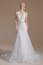 Robe de mariée sirène longue élégante en tulle dos nu avec appliques de dentelle