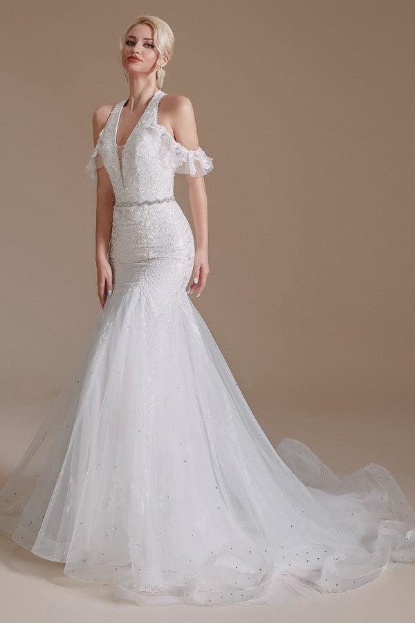 Robe de mariée sirène longue élégante en tulle dos nu avec appliques de dentelle