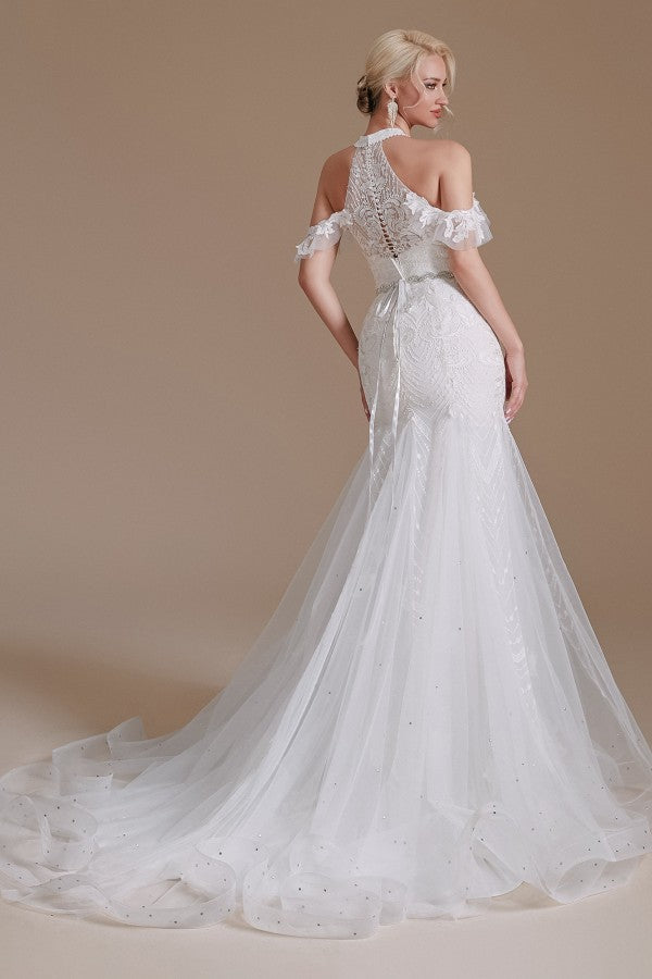 Robe de mariée sirène longue élégante en tulle dos nu avec appliques de dentelle