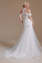 Robe de mariée sirène longue élégante en tulle dos nu avec appliques de dentelle