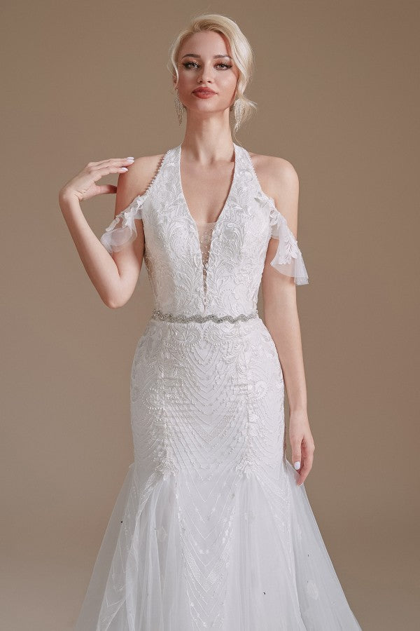 Robe de mariée sirène longue élégante en tulle dos nu avec appliques de dentelle