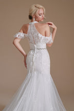 Robe de mariée sirène longue élégante en tulle dos nu avec appliques de dentelle