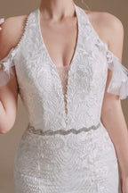 Robe de mariée sirène longue élégante en tulle dos nu avec appliques de dentelle