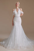 Robe de mariée sirène longue élégante en tulle dos nu avec appliques de dentelle