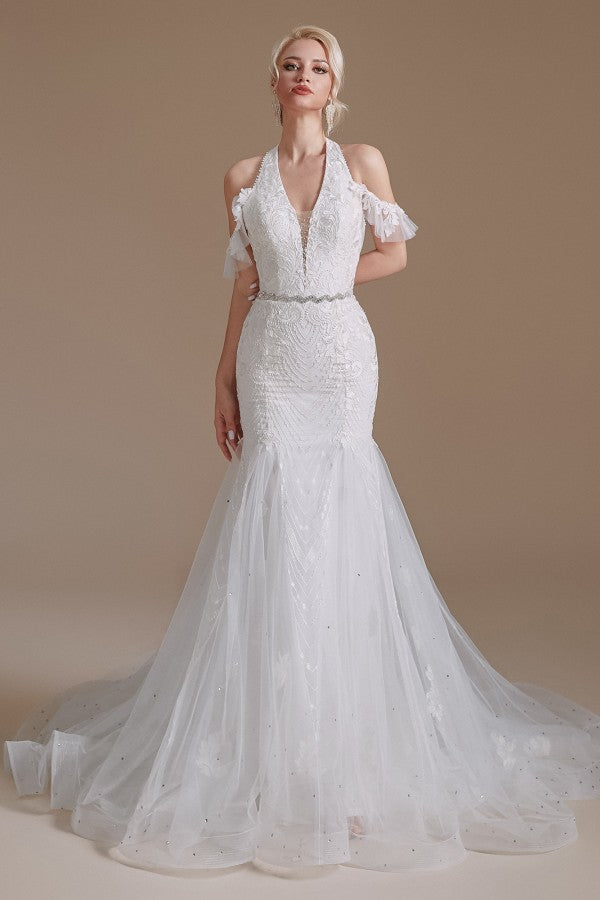 Robe de mariée sirène longue élégante en tulle dos nu avec appliques de dentelle