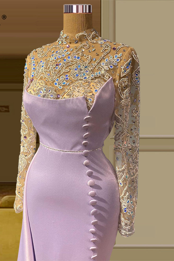 Elegant Long Mermaid High Neck Lace Beading Prom Dress With Long Sleeves