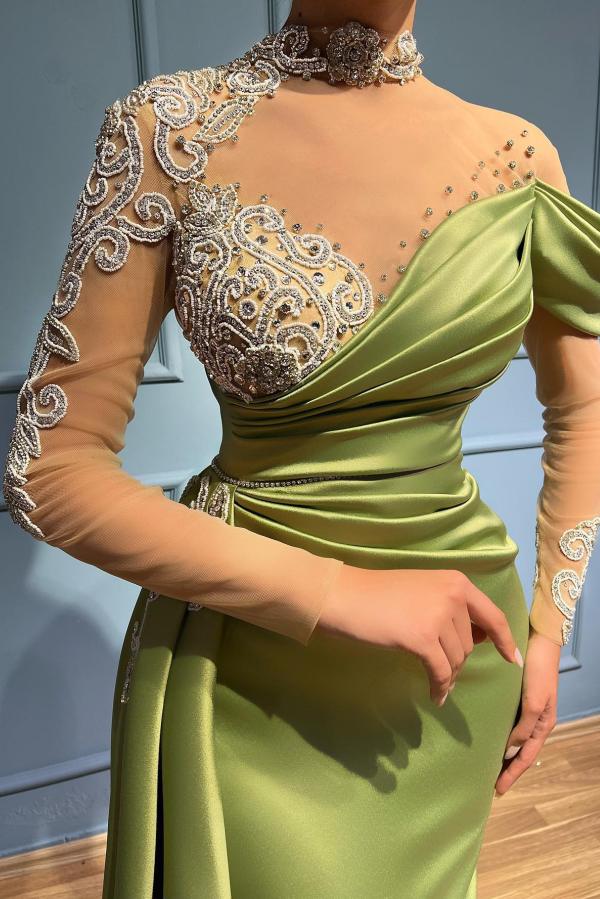 Elegantes vestidos de fiesta largos de sirena con cuello alto, satén y encaje, con mangas.