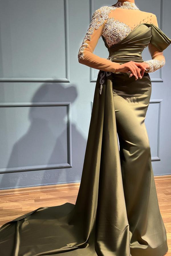 Elegantes vestidos de fiesta largos de sirena con cuello alto, satén y encaje, con mangas.