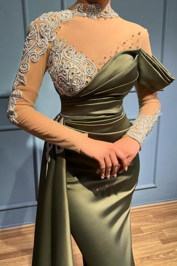Elegantes vestidos de fiesta largos de sirena con cuello alto, satén y encaje, con mangas.