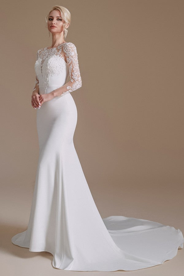 Elegante vestido de novia largo de sirena con mangas, de satén, encaje y joyas