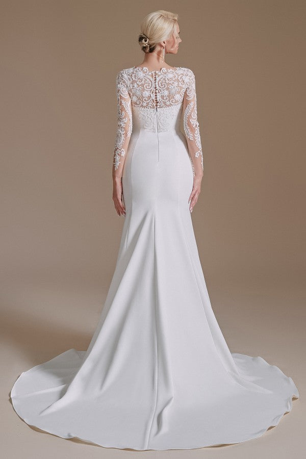 Elegante vestido de novia largo de sirena con mangas, de satén, encaje y joyas