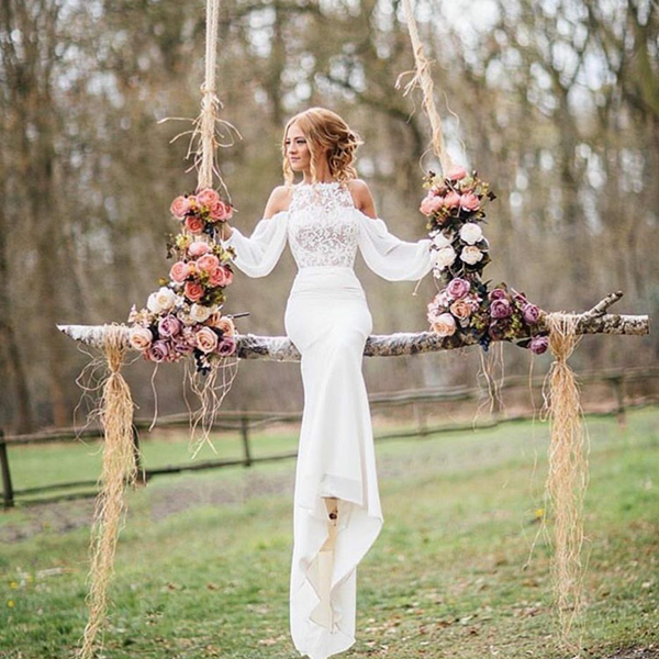 Robe de mariée sirène longue élégante en dentelle et mousseline avec manches