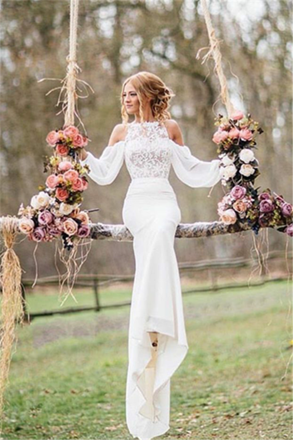 Robe de mariée sirène longue élégante en dentelle et mousseline avec manches