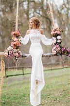 Robe de mariée sirène longue élégante en dentelle et mousseline avec manches