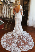 Elegante vestido de novia largo de sirena con encaje, mangas largas y apliques