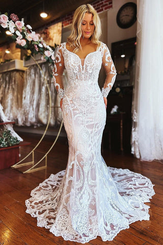 Elegante vestido de novia largo de sirena con encaje, mangas largas y apliques