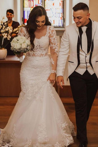 Elegantes vestidos de novia largos de sirena con encaje, espalda descubierta y mangas