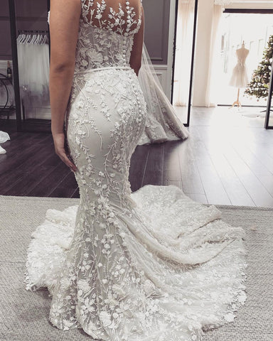 Elegante vestido de novia largo de sirena con hombros descubiertos, apliques de encaje y espalda descubierta