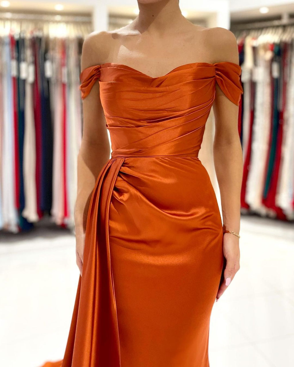 Elegant Long Mermaid Off-the-shoulder Stretch Satin Prom Dress with Slit
