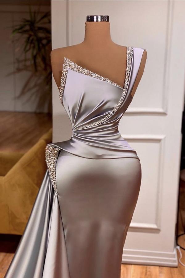 Robe de bal sirène longue élégante en satin asymétrique sans manches à une épaule