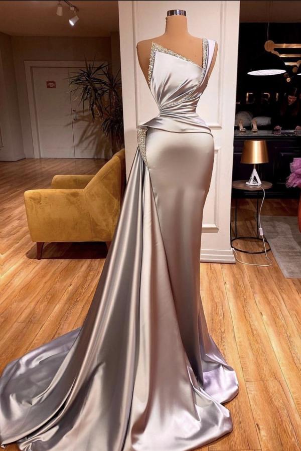 Robe de bal sirène longue élégante en satin asymétrique sans manches à une épaule