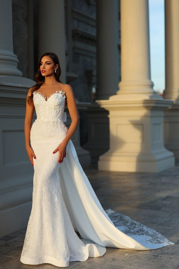 Élégantes robes de mariée sirène longues sans manches en dentelle