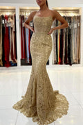 Robe de bal sirène longue élégante à bretelles spaghetti, dos nu et applications de dentelle