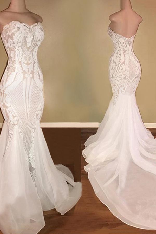 Elegante vestido de novia largo de sirena con escote corazón y lentejuelas