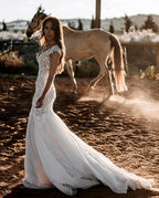 Robe de mariée sirène longue élégante en tulle et dentelle dos nu, décolleté cœur