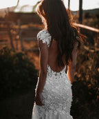 Robe de mariée sirène longue élégante en tulle et dentelle dos nu, décolleté cœur