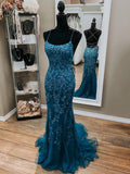 Élégantes robes de bal longues sirène en tulle et dentelle dos nu