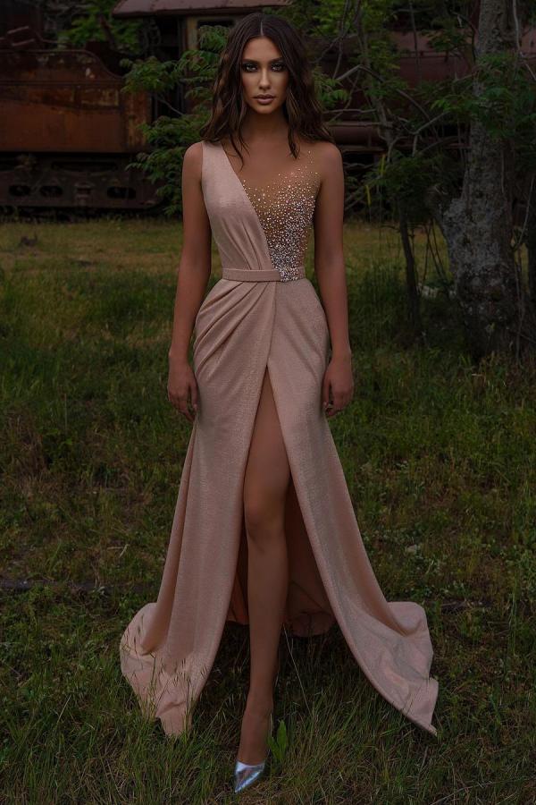 Elegante vestido de fiesta largo de sirena con escote en V, bordado con cuentas y abertura
