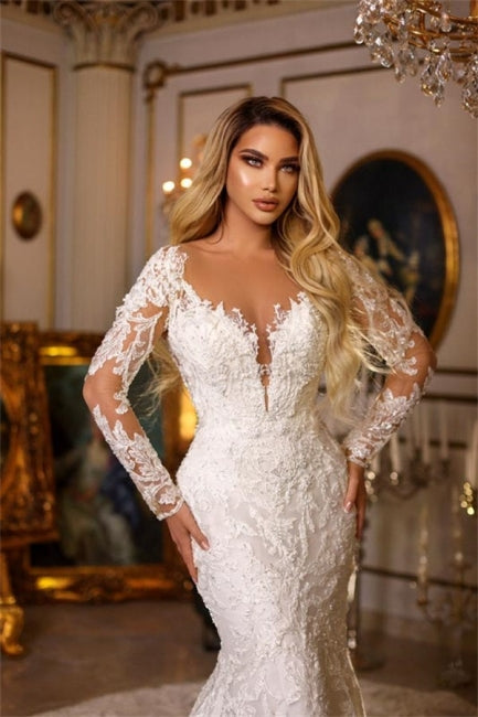 Élégantes robes de mariée sirène longues en dentelle à col en V et manches longues