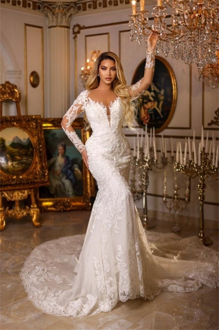 Élégantes robes de mariée sirène longues en dentelle à col en V et manches longues