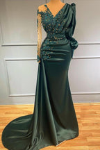 Robe de bal longue sirène élégante en satin vert foncé à col en V