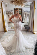 Robe de mariée sirène longue élégante sans manches à col en V et dentelle