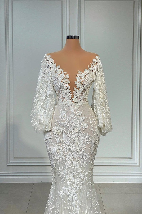 Robe de mariée sirène longue élégante en tulle et dentelle, col en V et manches