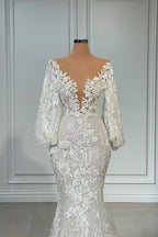 Robe de mariée sirène longue élégante en tulle et dentelle, col en V et manches