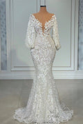 Robe de mariée sirène longue élégante en tulle et dentelle, col en V et manches
