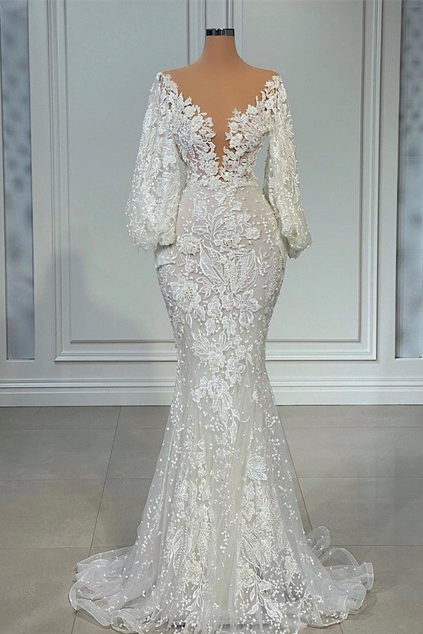 Robe de mariée sirène longue élégante en tulle et dentelle, col en V et manches