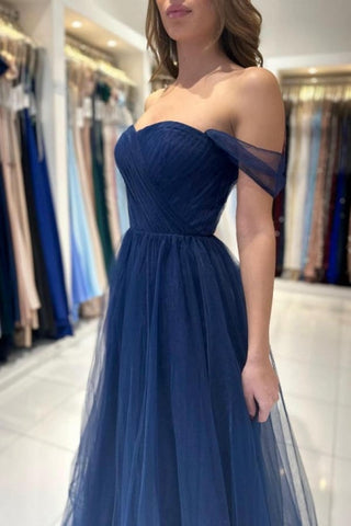 Elegant Long Navy Blue Off-the-shoulder A-line Sleeveless Prom Dresses