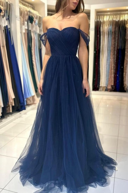 Robe de bal élégante longue bleu marine à épaules dénudées et sans manches
