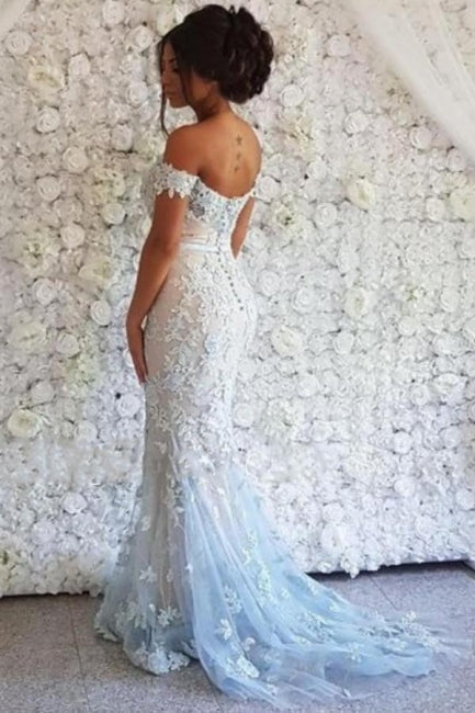 Elegantes vestidos largos de sirena de encaje con hombros descubiertos y brillo para graduación