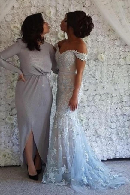 Elegantes vestidos largos de sirena de encaje con hombros descubiertos y brillo para graduación