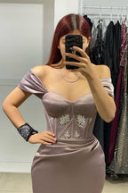 Elegant Long Off-The-Shoulder Satin Mermaid Prom Dress With Rhinestone
