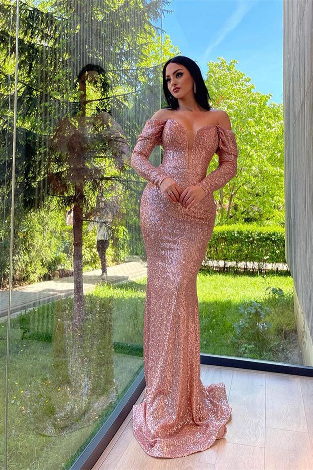 Elegantes vestidos de noche largos de sirena con lentejuelas y hombros descubiertos, con mangas largas.