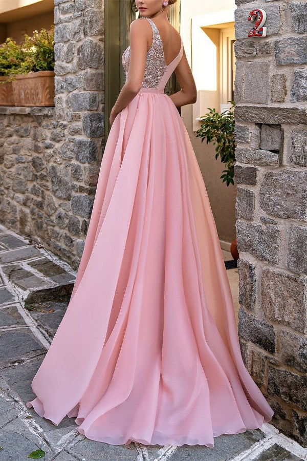 Elegante vestido de noche largo rosa con escote en V, corte en A, sin mangas, con lentejuelas y abertura